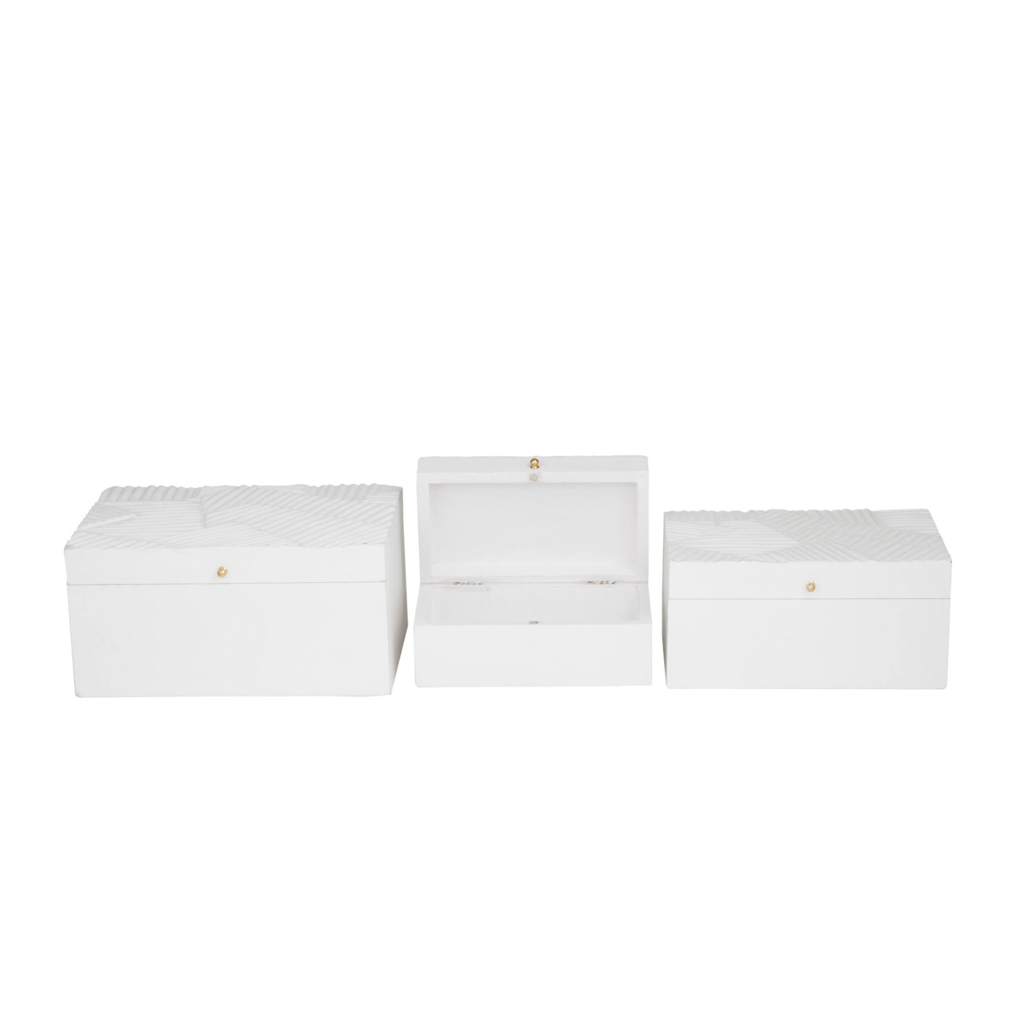 White Wood Intricate Carved Box with Hinged Lid Set